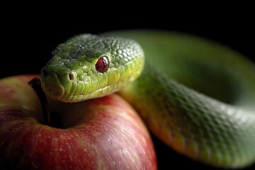 Fototapeta premium A green snake rests on a red apple against a black backdrop