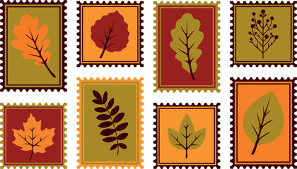 Autumn Postcard stamp Template Background Vector Illustration with Leaf, Oak, and Pumpkin Elements.
