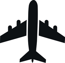 A clean, bold silhouette of a commercial jet against a white background.