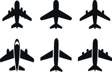 Set of black silhouette airplane icons, diverse views.