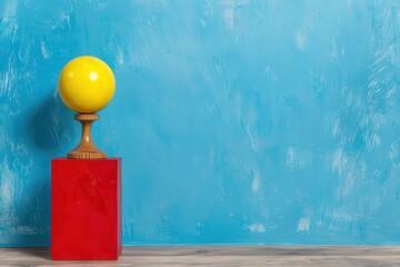Yellow Sphere on Red Cube Against Blue Textured Background
