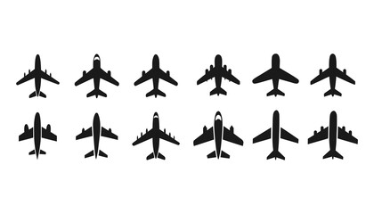 A set of various airplane silhouettes, perfect for use in graphic design, website icons, or presentations.