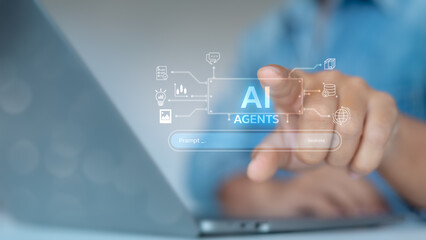 Close-up of a hand touching a digital AI agent's interface on a laptop screen, representing artificial intelligence, automation, and prompt-based technology innovation.
