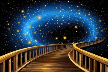 Wooden Boardwalk Leads To Swirling Blue Galaxy with Golden Stars Digital Art
