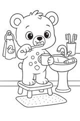 Smiling baby bear brushing teeth on a stool in the bathroom, holding a cup. Includes toothbrush holder, sink, towel, and rug. Fun and educational coloring page for kids. 