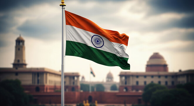 The Indian flag waves proudly against a backdrop of government buildings in a historic cityscape. The tricolor flag of India represents the country's national identity