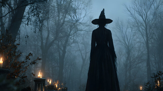 Silhouette of mystic wicked witch in black hat and dress on dark background. Halloween holiday. Witches sabbath on Walpurgis night. Black magic and paganism concept