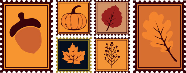 Autumn Postcard stamp Template Background Vector Illustration with Leaf, Oak, and Pumpkin Elements.
