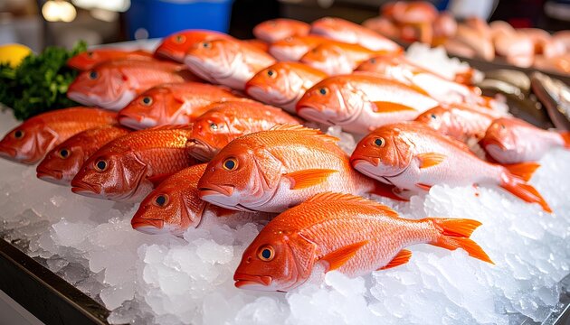 fresh red fish on ice at the seafood market