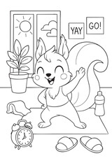 Vector illustration of a cheerful squirrel exercising on a mat with a towel water bottle and clock in a sunny room 