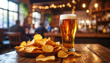 glass of beer with chips snack on wooden table
