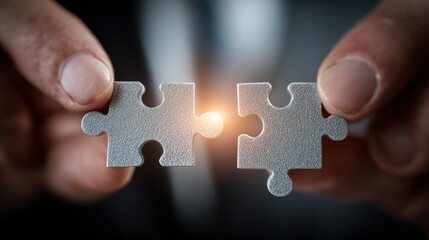Close-up of hands holding two puzzle pieces almost connecting, with a bright glow between them, symbolizing teamwork