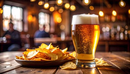 glass of beer with chips snack on wooden table