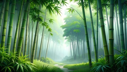 Fototapeta premium fantasy illustration of misty green bamboo forest in the morning