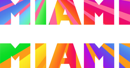 Miami lettering fashion print variation with multicolored sunburst for t-shirt, bag design, poster isolated on white background