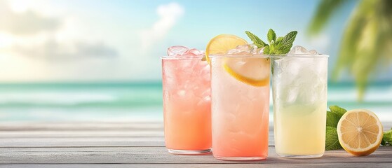 Refreshing craft drinks with ice and lemon. Beverages on a wooden surface. Ocean landscape behind glasses. Summer drinks background.