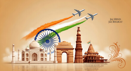 This vibrant illustration showcases iconic Indian landmarks and fighter jets leaving tricolor smoke trails. A prominent Ashoka Chakra and temple are also featured