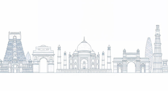 This vector illustration features a panoramic view of famous architectural landmarks, including the Taj Mahal, India Gate, and Qutub Minar