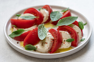 Fresh Caprese Salad with Mozzarella Cheese, Ripe Tomatoes, and Green Basil Leaves on White Background. Healthy Mediterranean Food Concept