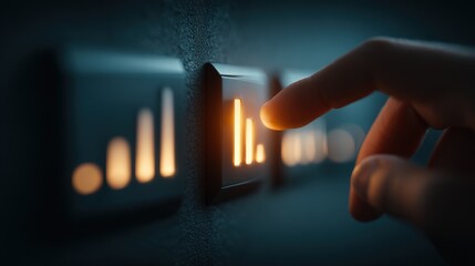 A finger presses a glowing button, activating a signal bar display on a dark control panel