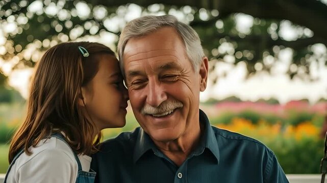 Grandfather and granddaughter share secrets on porch swing, fostering family love. Perfect for heartwarming family content, senior lifestyle, and intergenerational projects.