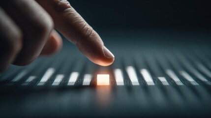 A finger touches a glowing bar amidst a digital graph on a dark surface, symbolizing choice or data interaction