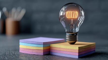 A glowing lightbulb sits atop a stack of colorful sticky notes, representing inspiration, ideas, and new concepts