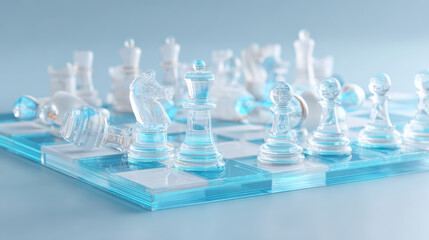 Close up of transparent glass chess pieces on blue chessboard