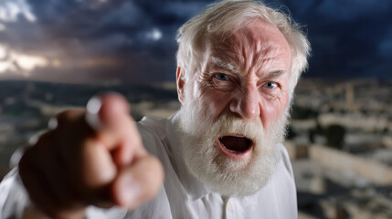 Old man with white beard pointing finger and shouting angrily