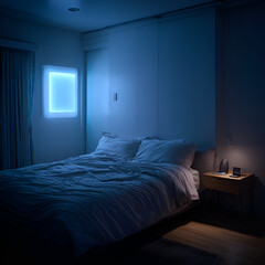 Modern, minimalist bedroom is bathed in the soft, blue light emanating from a futuristic artificial window, creating a serene and calming atmosphere at night