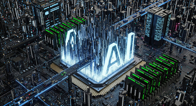 Stunning AI cityscape concept on a futuristic motherboard, symbolizing innovation and digital transformation.