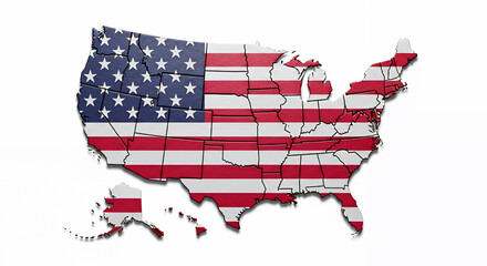 A striking 3D rendering of the United States of America map, textured with the vibrant American flag, set against a clean white background © Miftakhul