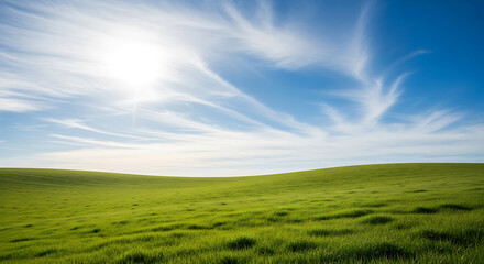 Fototapeta premium Vast green field under a bright sun and blue sky with wispy clouds