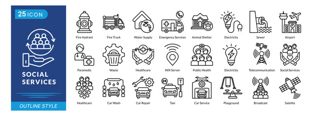 social services icon set collection in outline style. an icon pack contain animal shelter, electricity, sewer, airport, paramedic, waste, healthcare, wifi server, public health