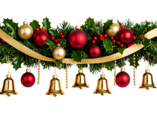 Traditional Red and Gold Christmas Garland with Hanging Bells, Wavy Horizontal Design, Isolated