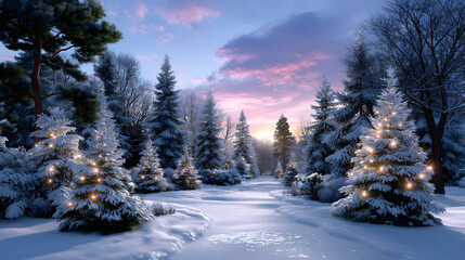 Serene winter landscape features snow covered trees adorned with glowing lights, creating magical atmosphere during holiday season