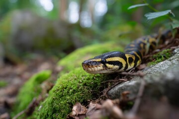 A snake patterned with yellow and black slithers across mosscovered ground