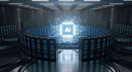 Futuristic AI brain powering vast data servers, symbolizing advanced technology and global connectivity