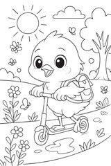 Vector illustration of a happy chick with a backpack riding a scooter outdoors among flowers and butterflies 