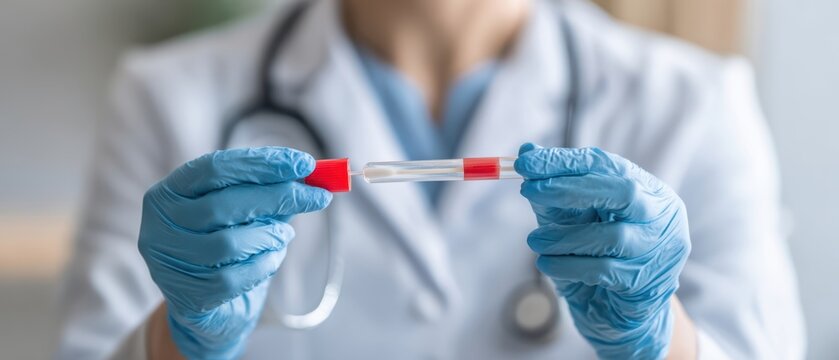 The healthcare professional holding a test tube in a clinical setting