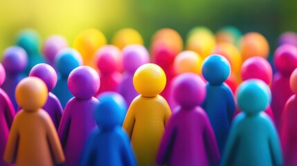 Colorful abstract crowd of miniature figures standing in vibrant tones symbolizing unity, diversity, and individuality against a blurred green background