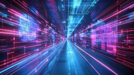 Digital tunnel neon speed data stream