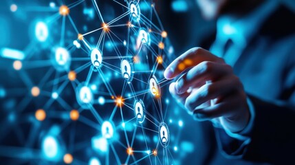 Business professional interacting with digital network connections depicting modern technology and social media engagement in a corporate environment