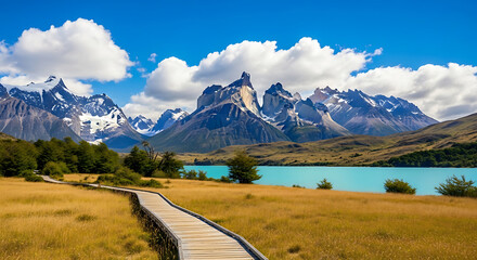 Scenic view of the patagonian mountains and a wooden boardwalk.