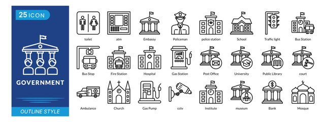 government icon set collection in outline style. an icon pack contain toilet, atm, embassy, policeman, police station, school, post office, university, public library, court