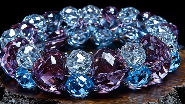 A close-up of a bracelet featuring faceted,  faceted,  purple-blue gemstones