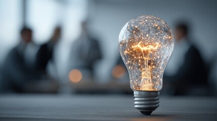 Glowing lightbulb at the forefront of a meeting table, with blurred individuals in the background, representing innovation