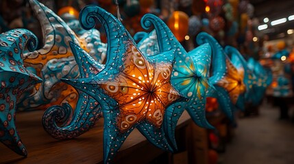 Naklejka premium Decorative starfish-shaped lights arranged on display.
