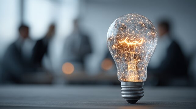 Glowing lightbulb at the forefront of a meeting table, with blurred individuals in the background, representing innovation