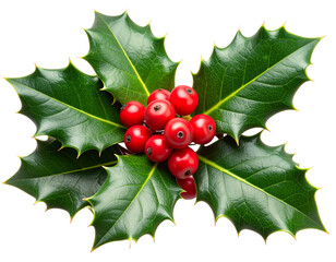 Vintage Holly Leaves with Aged Texture and Muted Red Berries, Retro Christmas Look, Isolated